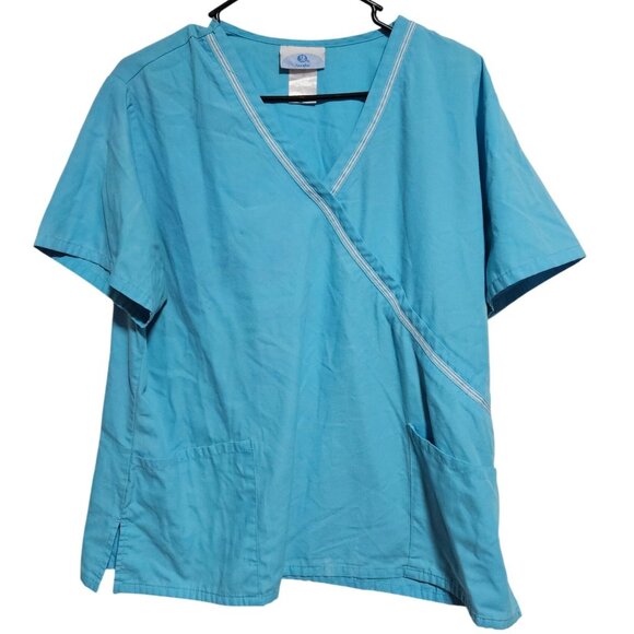 SB Scrubs Blue Top Womens Size Large V Neck Faux Wrap Short Sleeve Nursing - Picture 1 of 4